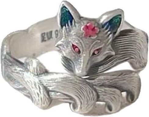 S925 Sterling Silver Nine-Tailed Fox Ring with Enamel Details, Adjustable Open Band, Mythic Vintage Statement Jewelry for Women in Saudi Arabia