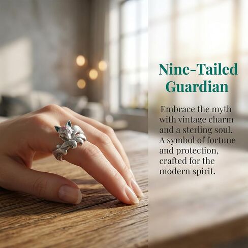 S925 Sterling Silver Nine-Tailed Fox Ring with Enamel Details, Adjustable Open Band, Mythic Vintage Statement Jewelry for Women in Saudi Arabia