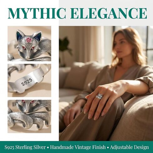 S925 Sterling Silver Nine-Tailed Fox Ring with Enamel Details, Adjustable Open Band, Mythic Vintage Statement Jewelry for Women in Saudi Arabia