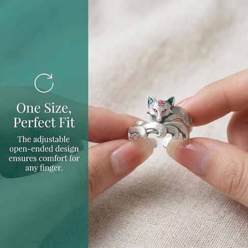 S925 Sterling Silver Nine-Tailed Fox Ring with Enamel Details, Adjustable Open Band, Mythic Vintage Statement Jewelry for Women in Saudi Arabia