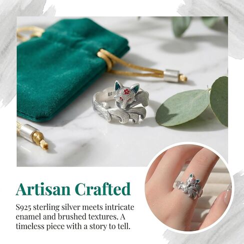 S925 Sterling Silver Nine-Tailed Fox Ring with Enamel Details, Adjustable Open Band, Mythic Vintage Statement Jewelry for Women in Saudi Arabia