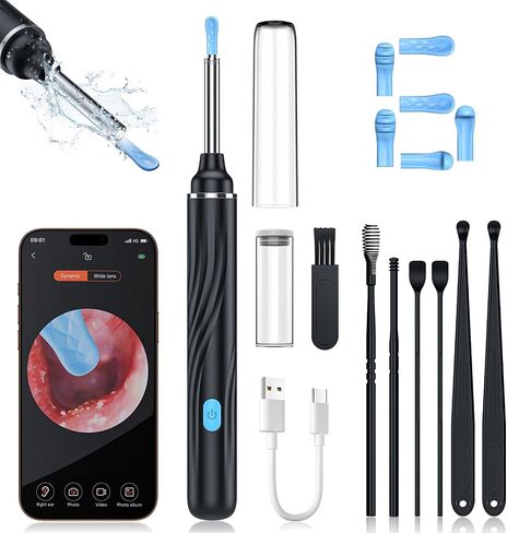 Tomaje Ear Wax Removal Tool Camera, Ear Cleaner with Camera, Ear Wax Removal Kit, 1080P HD Ear Camera, Earwax Removal Kit with Camera and 6 LED Light, 6 Ear Pick & Ear Set for iOS & Android, Black in Kuwait