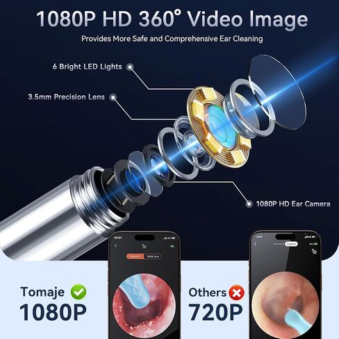 Tomaje Ear Wax Removal Tool Camera, Ear Cleaner with Camera, Ear Wax Removal Kit, 1080P HD Ear Camera, Earwax Removal Kit with Camera and 6 LED Light, 6 Ear Pick & Ear Set for iOS & Android, Black in Kuwait