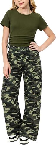 AMAWMW Girls Clothes Summer Outfits Short Sleeve Ruched T-Shirt Tops and Camo Cargo Pants 2Pcs Teen Clothing 7-16 Years in Kuwait