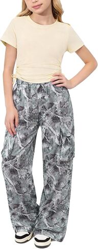 AMAWMW Girls Clothes Summer Outfits Short Sleeve Ruched T-Shirt Tops and Camo Cargo Pants 2Pcs Teen Clothing 7-16 Years in Saudi Arabia