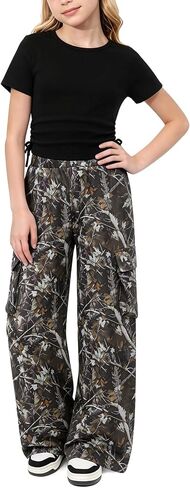 AMAWMW Girls Clothes Summer Outfits Short Sleeve Ruched T-Shirt Tops and Camo Cargo Pants 2Pcs Teen Clothing 7-16 Years in Saudi Arabia