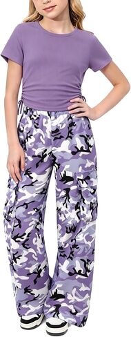 AMAWMW Girls Clothes Summer Outfits Short Sleeve Ruched T-Shirt Tops and Camo Cargo Pants 2Pcs Teen Clothing 7-16 Years in Saudi Arabia