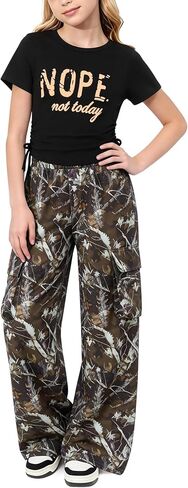 AMAWMW Girls Clothes Summer Outfits Short Sleeve Ruched T-Shirt Tops and Camo Cargo Pants 2Pcs Teen Clothing 7-16 Years in Saudi Arabia