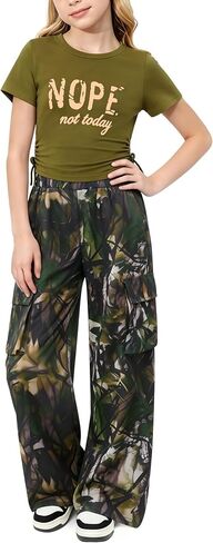 AMAWMW Girls Clothes Summer Outfits Short Sleeve Ruched T-Shirt Tops and Camo Cargo Pants 2Pcs Teen Clothing 7-16 Years in Saudi Arabia