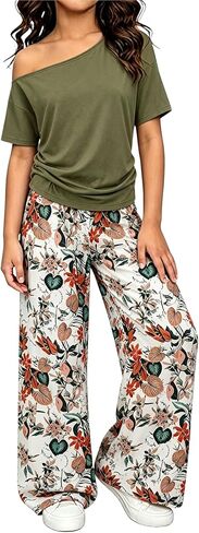 Girls Floral 2 Piece Outfits Off the Shoulder Top + Wide Leg Pants Casual Girl Clothes for 7-14 Years in Saudi Arabia