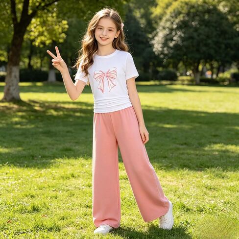 Tween Girls Pink Bow Graphic تي شيرتات قصيرة الاكمام + بنطال واسع الساق طقم ملابس مكون من قطعتين مقاس 9-15 سنة in Kuwait