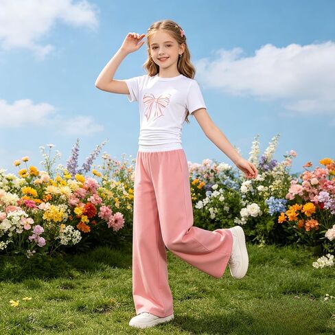 Tween Girls Pink Bow Graphic تي شيرتات قصيرة الاكمام + بنطال واسع الساق طقم ملابس مكون من قطعتين مقاس 9-15 سنة in Kuwait