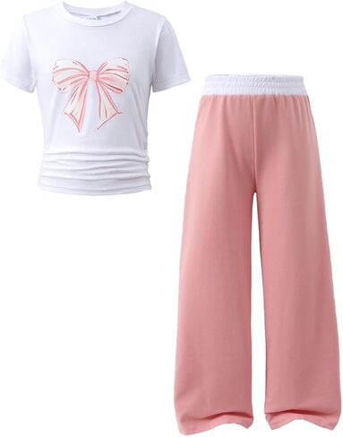 Tween Girls Pink Bow Graphic تي شيرتات قصيرة الاكمام + بنطال واسع الساق طقم ملابس مكون من قطعتين مقاس 9-15 سنة in Kuwait