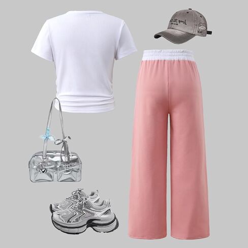 Tween Girls Pink Bow Graphic تي شيرتات قصيرة الاكمام + بنطال واسع الساق طقم ملابس مكون من قطعتين مقاس 9-15 سنة in Kuwait