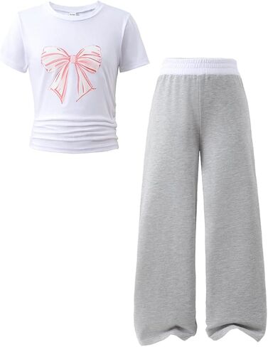 Tween Girls Pink Bow Graphic تي شيرتات قصيرة الاكمام + بنطال واسع الساق طقم ملابس مكون من قطعتين مقاس 9-15 سنة in Kuwait