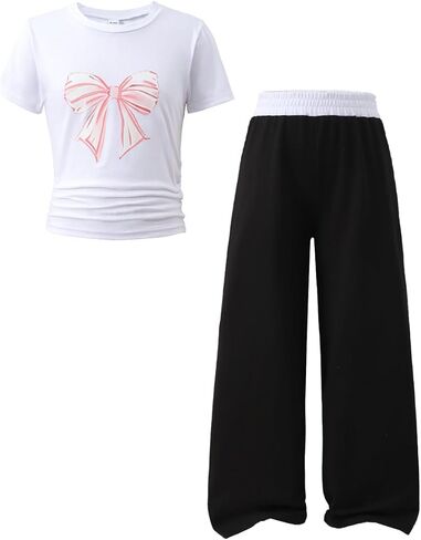 Tween Girls Pink Bow Graphic تي شيرتات قصيرة الاكمام + بنطال واسع الساق طقم ملابس مكون من قطعتين مقاس 9-15 سنة in Kuwait