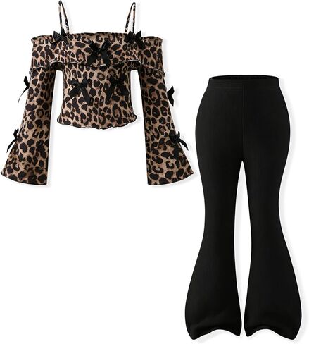 Girls 2 Piece Outfit One-Shoulder Long Sleeve Top with Relaxed Flared Pants, Sizes 7-14 Years in Kuwait