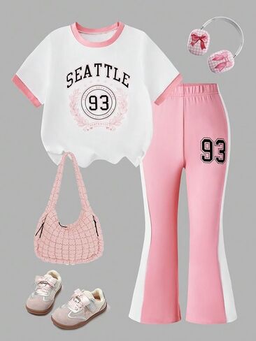Two piece white round neck short sleeved sportswear and tight flared pants for girls, decorated with satin stripes in Kuwait