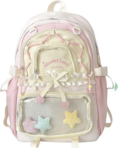 Kawaii ita Backpack - Cute Backpack Coquette Aesthetic Back Pack Y2K Daypack with Clear Pockets with Clear Pockets (Pink) in Saudi Arabia