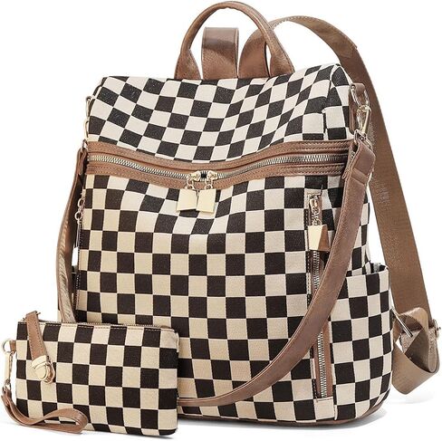 Checkered Backpack Purse - Checkered Bags for Women Plaid Backpack Handbags Back Pack Purse for Work (Brown) in Saudi Arabia