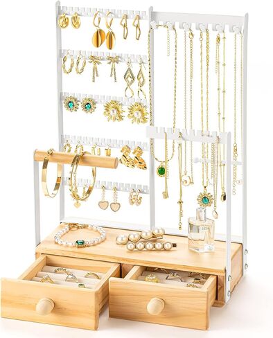 DreamGenius Jewelry Organizer Stand with Velvet Ring Holder, 4 Tier Jewelry Holder Organizer with 15 Hooks for Necklaces and 16 Holes for Earrings, White in Saudi Arabia