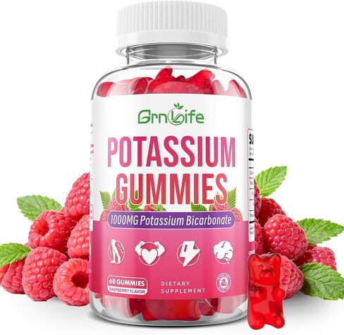 Potassium Gummies 1000mg, Potassium Bicarbonate Supplement for Adults & Kids, Support Electrolyte Balance & Muscle Heath, Sugar-Free, Raspberry Flavor, 60 Count in Saudi Arabia