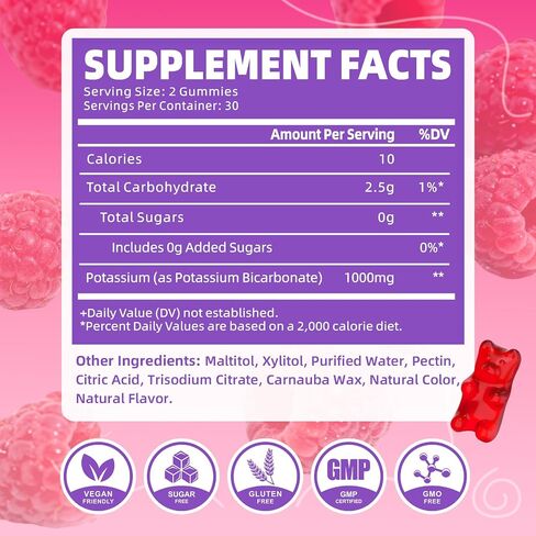 Potassium Gummies 1000mg, Potassium Bicarbonate Supplement for Adults & Kids, Support Electrolyte Balance & Muscle Heath, Sugar-Free, Raspberry Flavor, 60 Count in Saudi Arabia