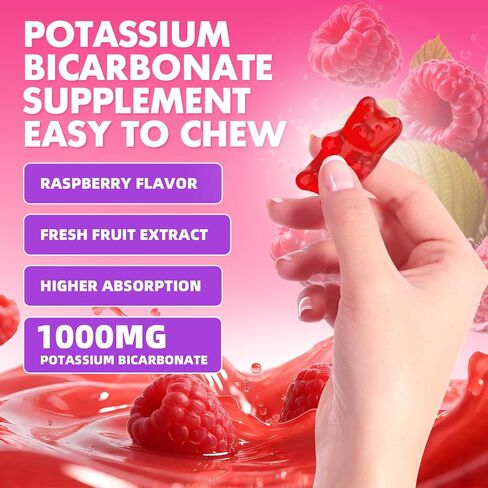 Potassium Gummies 1000mg, Potassium Bicarbonate Supplement for Adults & Kids, Support Electrolyte Balance & Muscle Heath, Sugar-Free, Raspberry Flavor, 60 Count in Saudi Arabia