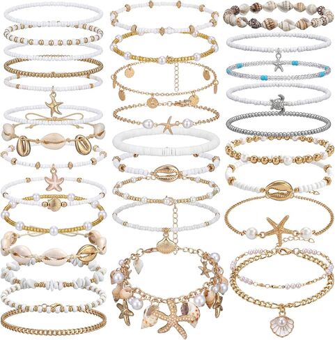32 Pcs Summer Beach Bracelet for Women Shell Bead Ankle Bracelets Adjustable Gold Plated Boho Shell Anklet Stackable Hawaiian Seaside Seashell Pearl Foot Jewelry for Women Summer Gifts in Saudi Arabia
