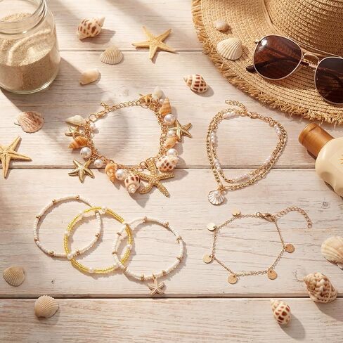 32 Pcs Summer Beach Bracelet for Women Shell Bead Ankle Bracelets Adjustable Gold Plated Boho Shell Anklet Stackable Hawaiian Seaside Seashell Pearl Foot Jewelry for Women Summer Gifts in Saudi Arabia