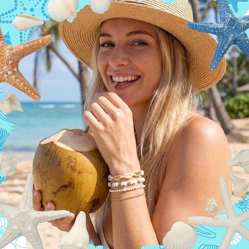 32 Pcs Summer Beach Bracelet for Women Shell Bead Ankle Bracelets Adjustable Gold Plated Boho Shell Anklet Stackable Hawaiian Seaside Seashell Pearl Foot Jewelry for Women Summer Gifts in Saudi Arabia