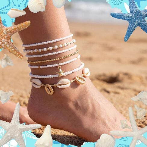 32 Pcs Summer Beach Bracelet for Women Shell Bead Ankle Bracelets Adjustable Gold Plated Boho Shell Anklet Stackable Hawaiian Seaside Seashell Pearl Foot Jewelry for Women Summer Gifts in Saudi Arabia