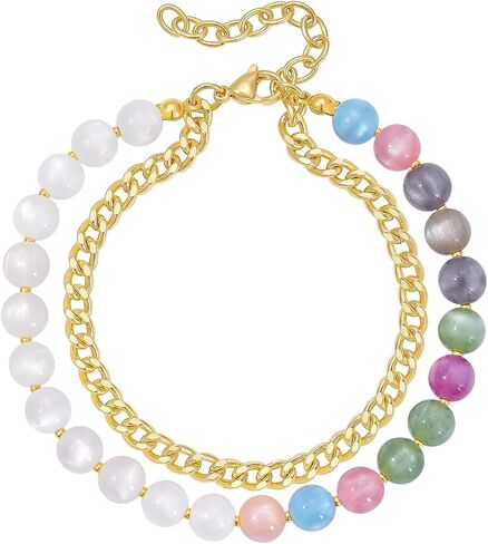 KELORIS PATH Layered UV Reactive Ankle Bracelets for Women, Dopamine Colorful Rainbow Beaded Anklets with 14K Gold Plated Cuban Chain, Color Changing Jewelry for Summer in Saudi Arabia