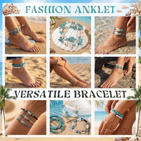 Liliaafar 24 Pcs Turtle Ankle Bracelets Bulk for Women Waterproof Handmade Starfish Shell Sea Turtle Boho Anklet Bracelet Adjustable Summer Beach Jewelry for Women Men Bahamas Souvenirs in Kuwait