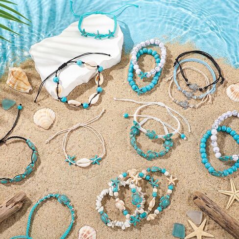 Liliaafar 24 Pcs Turtle Ankle Bracelets Bulk for Women Waterproof Handmade Starfish Shell Sea Turtle Boho Anklet Bracelet Adjustable Summer Beach Jewelry for Women Men Bahamas Souvenirs in Kuwait