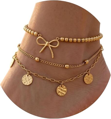 Ankle Bracelets for Women 18K Gold/Silver Plated Waterproof Layered Anklet Set Stainless Steel Non Tarnish Beaded Chain Anklets with Butterfly Charm Adjustable Summer Beach Jewelry Gift 2 Pcs in Saudi Arabia