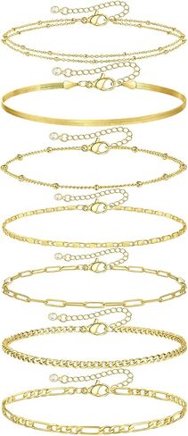 WAINIS 7Pcs Ankle Bracelets for Women 14k Gold/Silver Plated Waterproof Cuban Link Chain Anklets Set Adjustable Layered Anklet Bracelets Summer Boho Beach Jewelry Gifts in Saudi Arabia