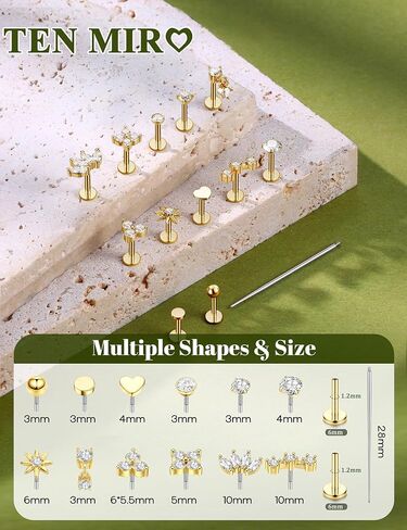 TEN MIRO 16G 18G Flat Back Stud Earrings for Hypoallergenic Surgical Steel Nose Studs Internal Thread 14K Gold Plated Lip Rings Nose Piercings Cartilage Tragus Helix Piercing Jewelry in Saudi Arabia