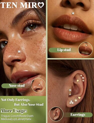TEN MIRO 16G 18G Flat Back Stud Earrings for Hypoallergenic Surgical Steel Nose Studs Internal Thread 14K Gold Plated Lip Rings Nose Piercings Cartilage Tragus Helix Piercing Jewelry in Saudi Arabia
