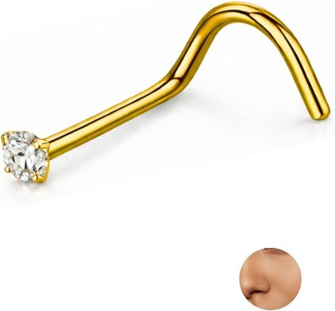 Implant Grade Titanium Nose Stud 20G (0.8mm) Screw with CZ – ASTM F-136 G23, 1.5mm or 2mm Cubic Zirconia, Hypoallergenic Corkscrew Nostril Piercing, Polished Titanium or Gold PVD – 1 Piece for Women Men in Saudi Arabia