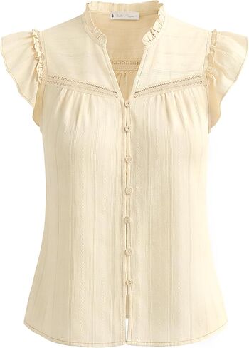 Belle Poque Women's Ruffle Sleeve Cotton Shirts V Neck Button Down Lace Crochet Blouses Spring Summer Dressy Casual Tops 2026 in Kuwait