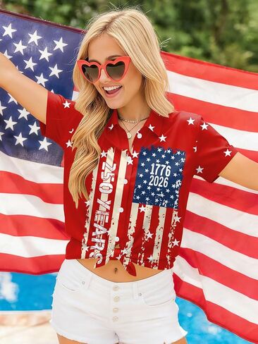 250 Anniversary USA Shirt Women 4th of July Patriotic Shirt Independence Day Short Sleeve Button Down Outfits in Saudi Arabia