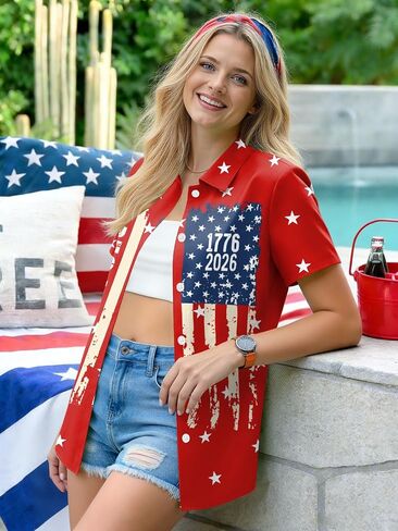 250 Anniversary USA Shirt Women 4th of July Patriotic Shirt Independence Day Short Sleeve Button Down Outfits in Saudi Arabia
