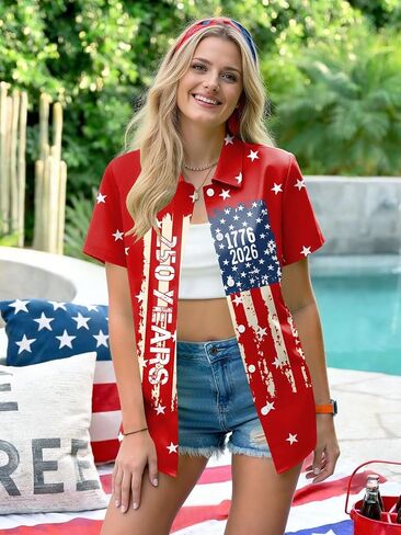 250 Anniversary USA Shirt Women 4th of July Patriotic Shirt Independence Day Short Sleeve Button Down Outfits in Saudi Arabia
