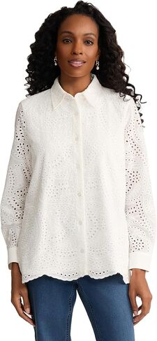 Jones New York Women's Scalloped Eyelet and Cotton Button-up Shirt in Kuwait