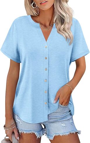 TICTICMISS Womens Short Sleeve Button Down Tops Dressy Casual V Neck Summer Shirts Trendy Tees in Kuwait