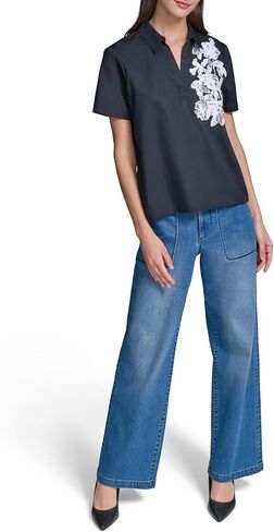 Karl Lagerfeld Women's Short Sleeve Floral Lace Lightweight Blouse in Kuwait