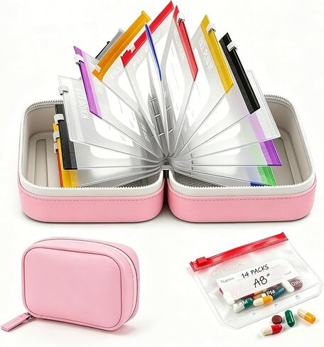 A8 Waterproof Pill Organizer Set, Pill Pouches for Travel, with 14 Color-Coded Pouches, 2026 New Leakproof Reusable Zippered Storage Case, Compact Daily Pills Holder, Travel Medicine Organizers in Kuwait