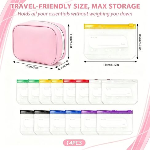 A8 Waterproof Pill Organizer Set, Pill Pouches for Travel, with 14 Color-Coded Pouches, 2026 New Leakproof Reusable Zippered Storage Case, Compact Daily Pills Holder, Travel Medicine Organizers in Kuwait