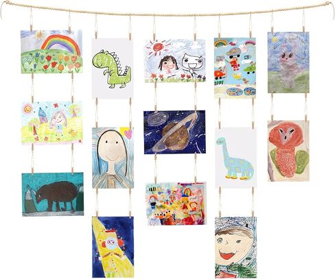 Kids Art Display Wall Decor,61" Wooden Beads Garland Frame Holder with 34 Clips for Hanging Kids Artwork,Photos,Cards and Pictures,Boho Wall Art for Children's Room,Bedroom,Living Room Decor. in Kuwait